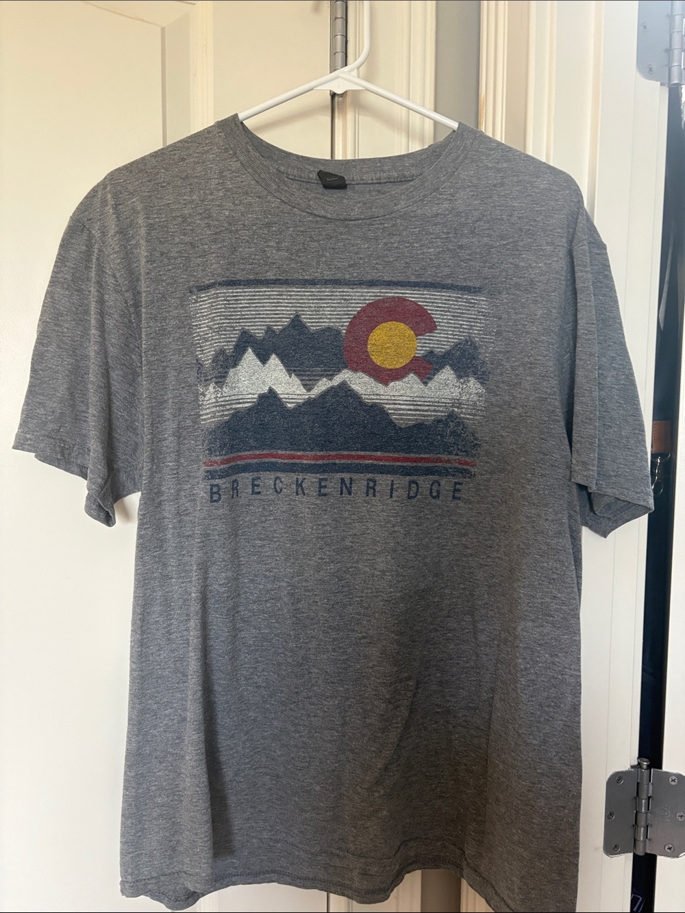 breckenridge Heather Gray Mountain Graphic Tee with Red and Yellow Accent